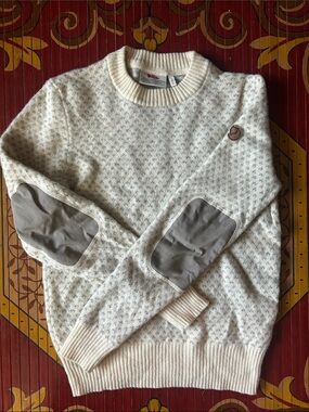 Fjallraven Cream Patterned Crewneck Sweater with Gray Elbow Patches